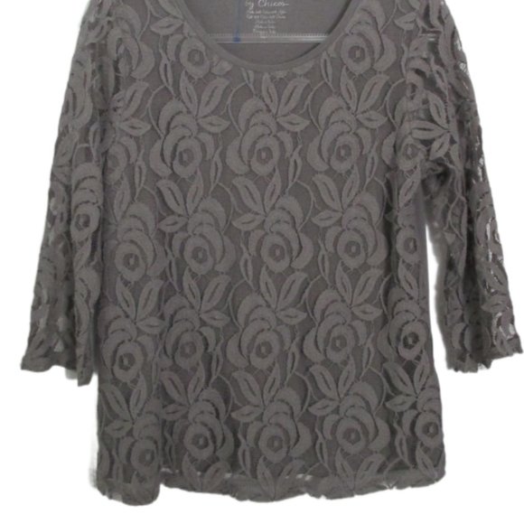 Chico's Gray Lucie Lace Front Sheer 3/4 Sleeve Knit Back Top Size 1/M/8 - Picture 9 of 16